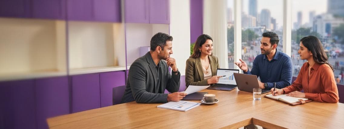 Four Percapita colleagues around a meeting table reviewing a performance chart on a laptop, with a city skyline behind them